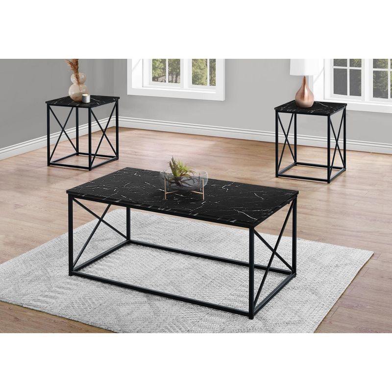 Black Faux Marble Rectangular Coffee Table Set with Metal Frame