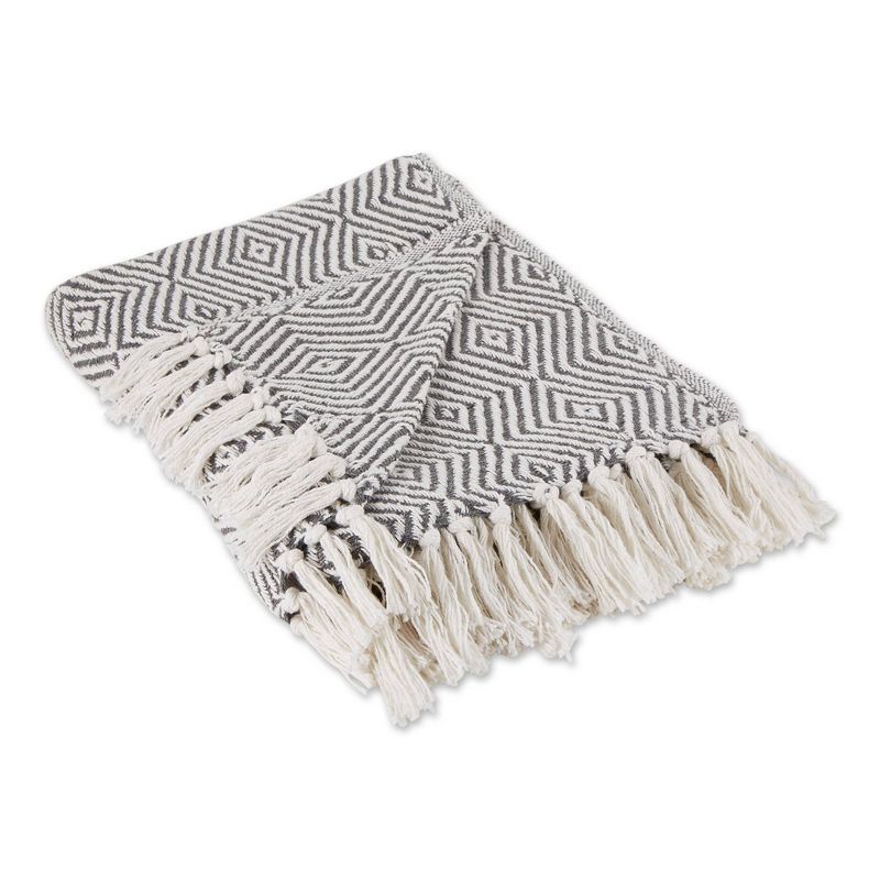 Gray and White Cotton Geometric Throw Blanket with Fringe