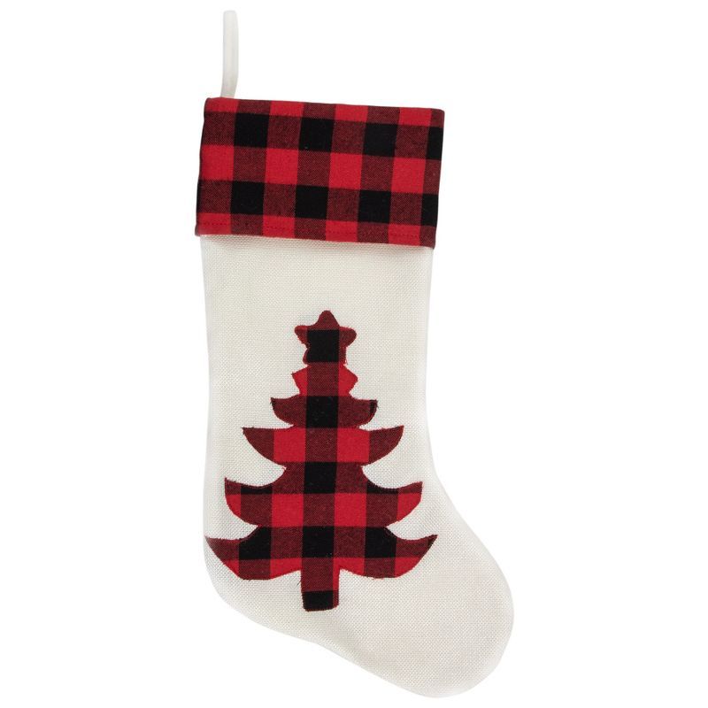 Cream White and Red Buffalo Plaid Christmas Stocking