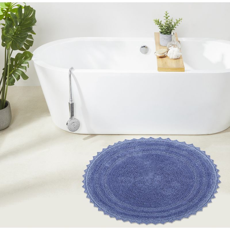 Blue 30" Round Cotton Crochet Bath Rug