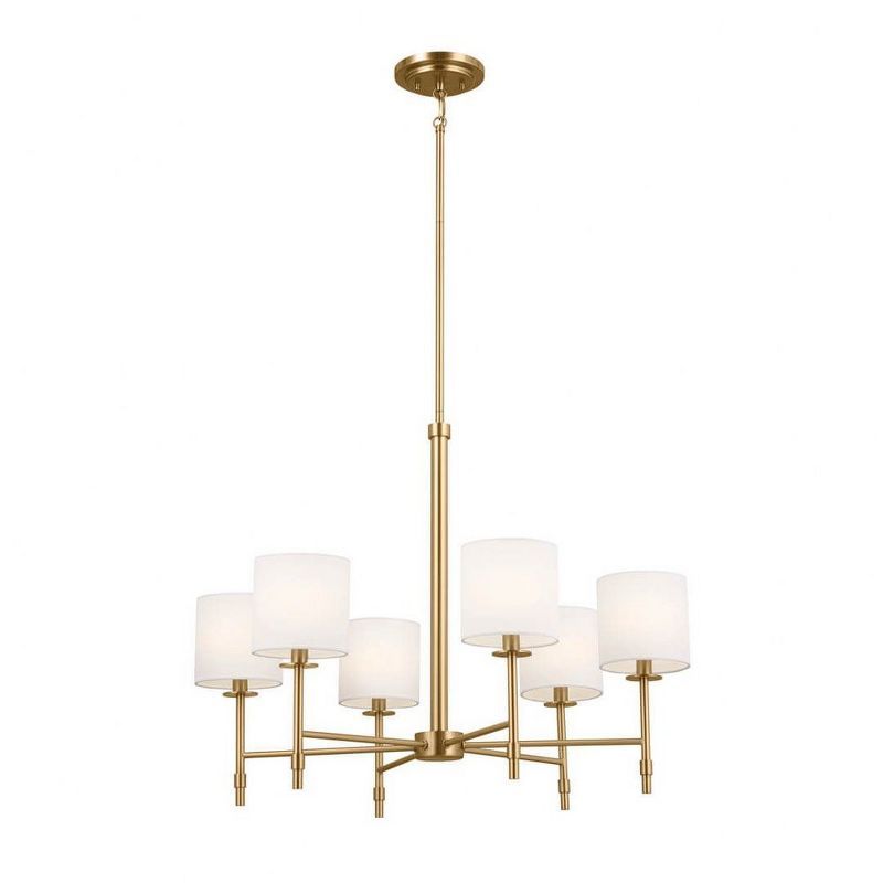 Brushed Natural Brass 6-Light Chandelier with White Drum Shades