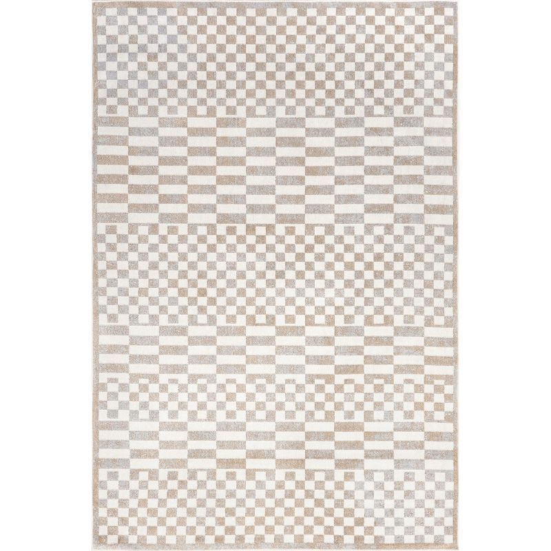 Beige and White Checkered Washable Synthetic Area Rug