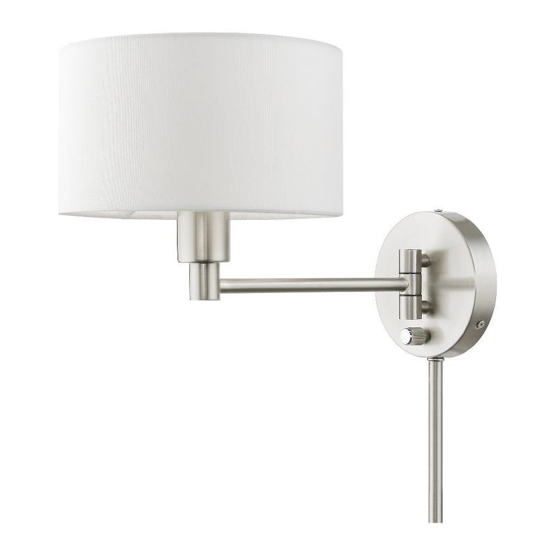 Transitional Brushed Nickel Swing Arm Wall Lamp with Off-White Shade