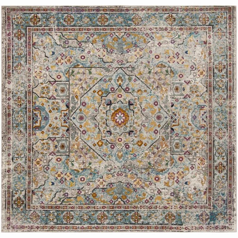 Aria Cream and Blue Square Wool Area Rug