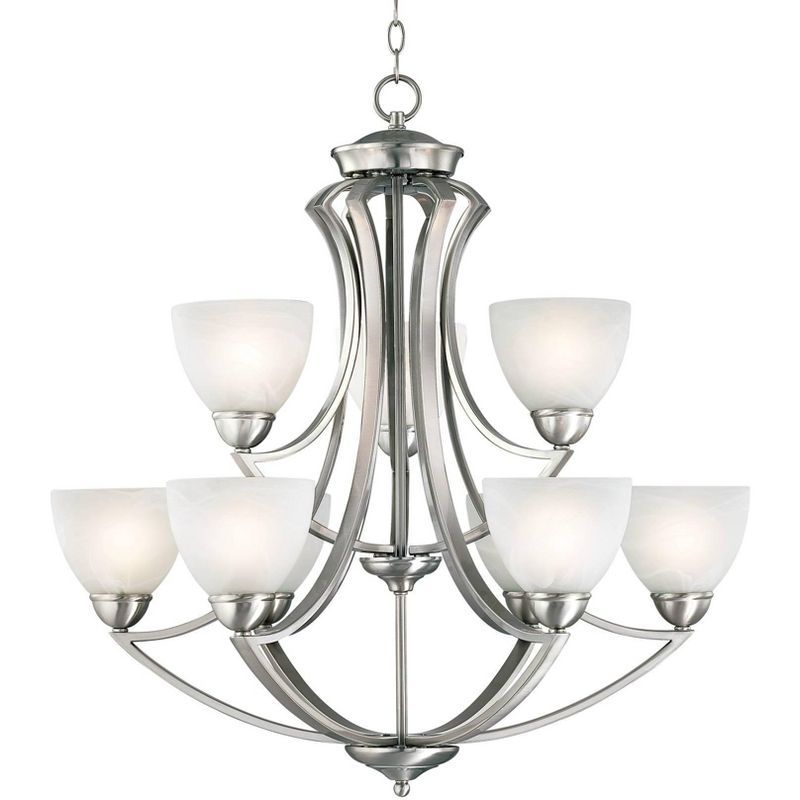 Milbury Satin Nickel Two-Tier 9-Light Chandelier with White Glass Shades