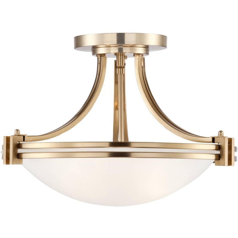 Art Deco Inspired 28" Warm Brass Ceiling Light with White Glass Bowl