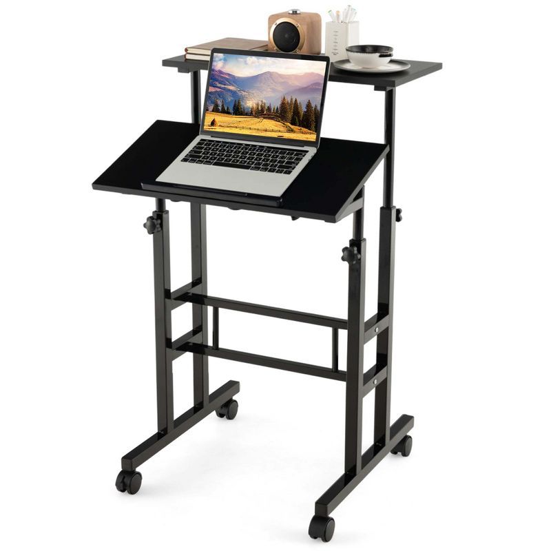 Black Adjustable Height Rolling Laptop Cart with Dual Tabletops