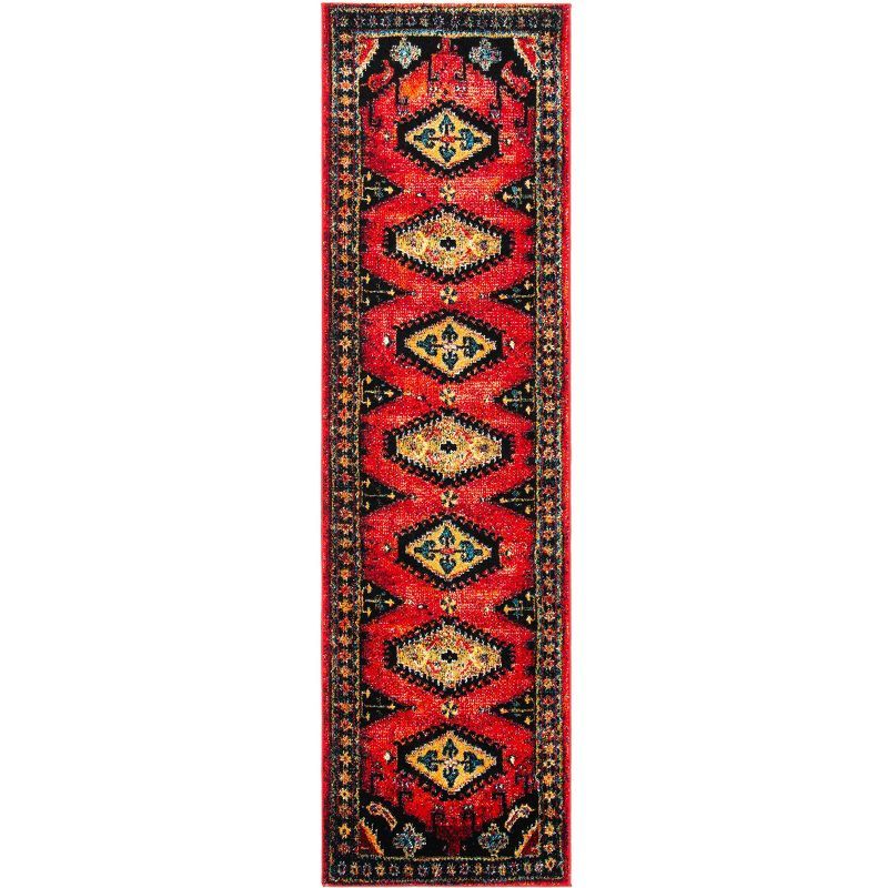 Vintage Red and Black Synthetic Runner Rug