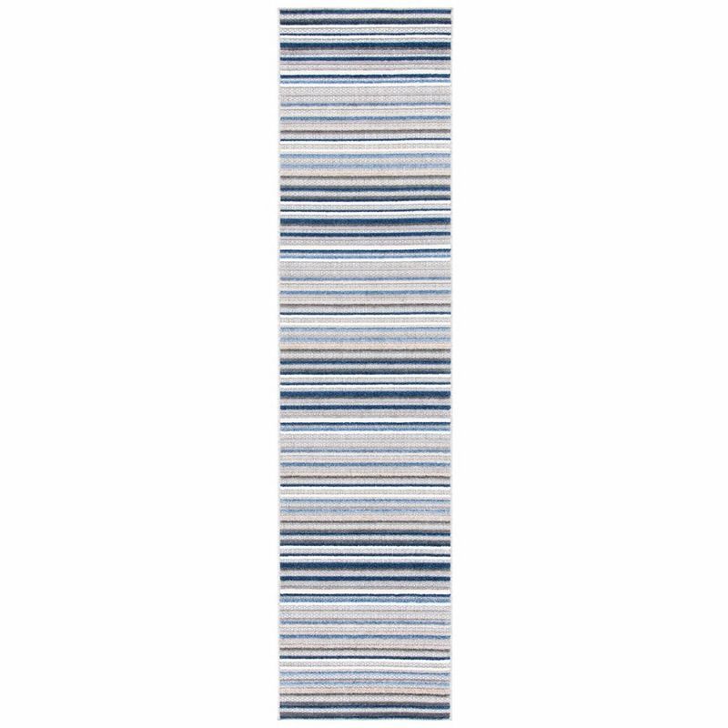 Grey and Blue Geometric Striped Indoor/Outdoor Runner Rug