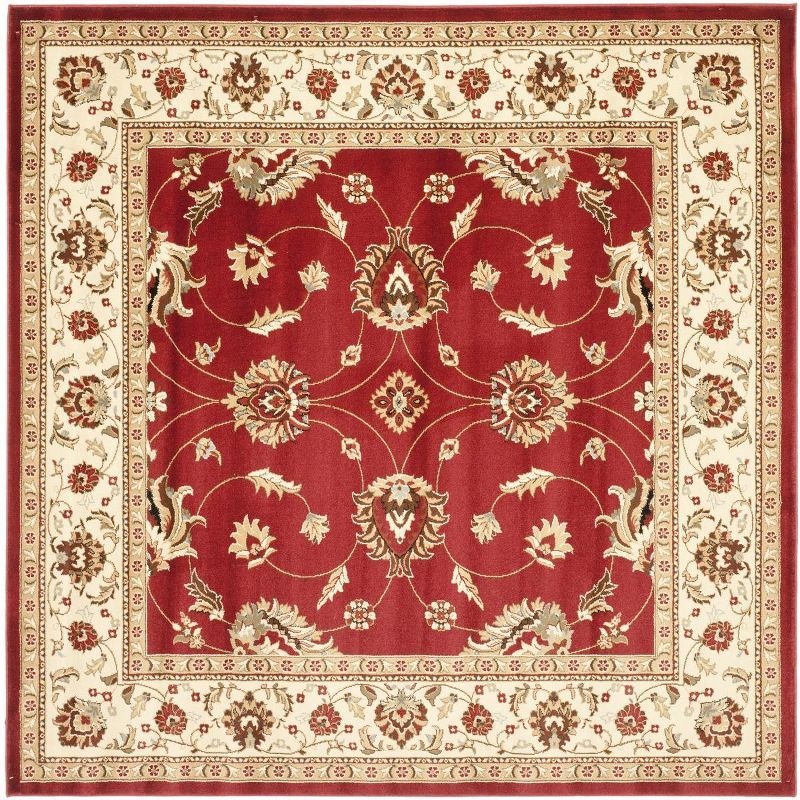 Red and Ivory Synthetic Safavid Style Area Rug, 6'7" Square