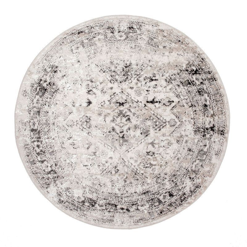 Silver Round Vintage Medallion Synthetic Area Rug