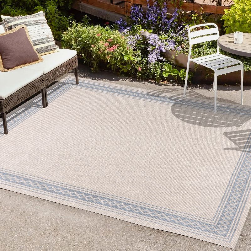 Lucia Cream and Blue Diamond Border Indoor/Outdoor Rug