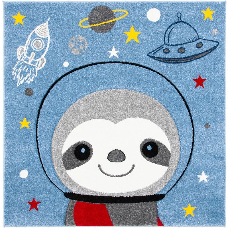 Happy Sloth Astronaut Kids Square Rug in Blue/Grey - Easy Care Synthetic