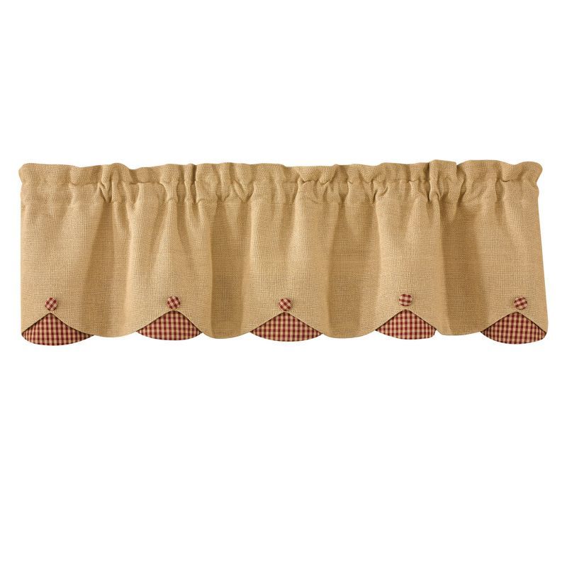 Tan and Red Burlap Scalloped Valance with Plaid Accents