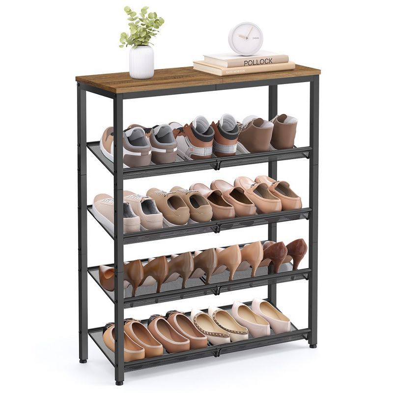 Industrial Honey Brown and Black 5-Tier Shoe Rack with Wooden Top