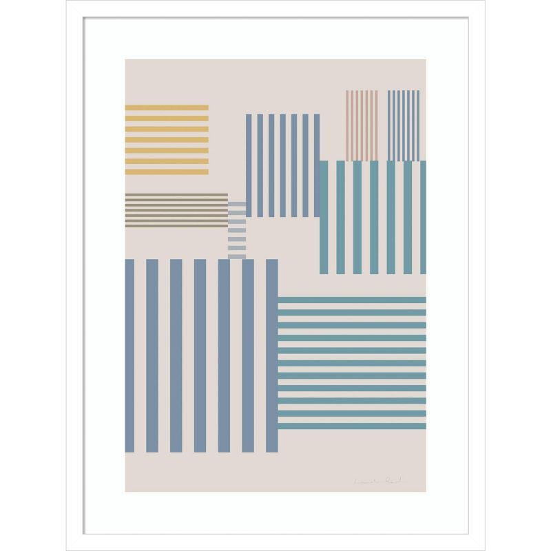 Modern Abstract Blue and Green Striped Wall Art Print with Wood Frame