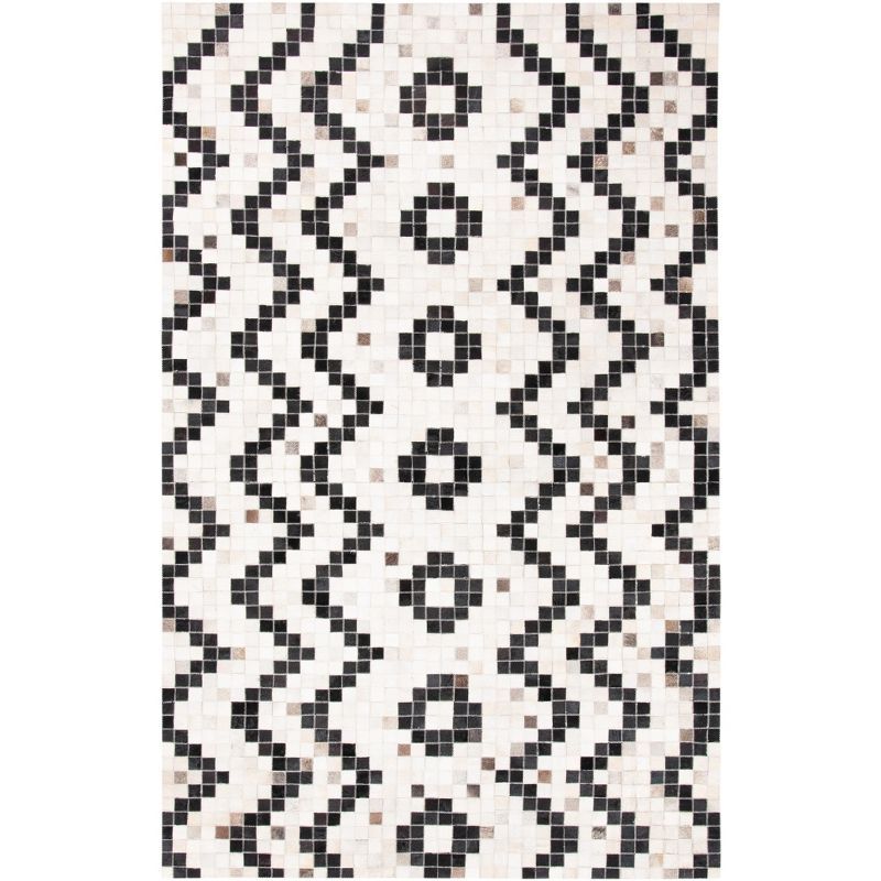 Geometric Black and Ivory Hand-Stitched Cowhide Area Rug 4' x 6'