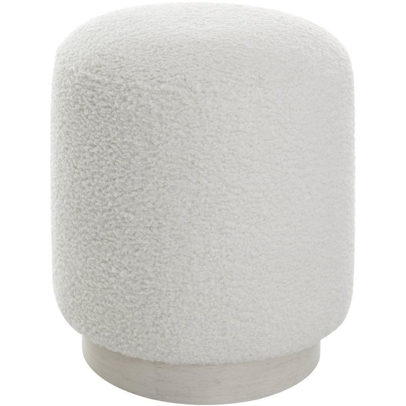 White Faux Shearling Round Ottoman with Oak Base