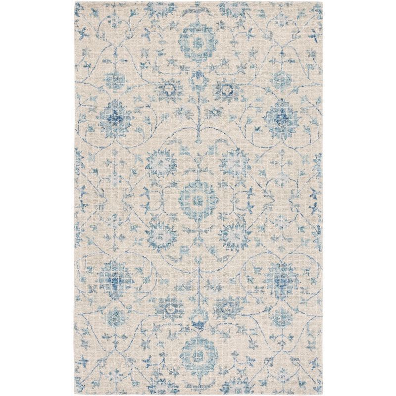 Hand Tufted Silver and Blue Wool Floral Area Rug - 5' x 8'
