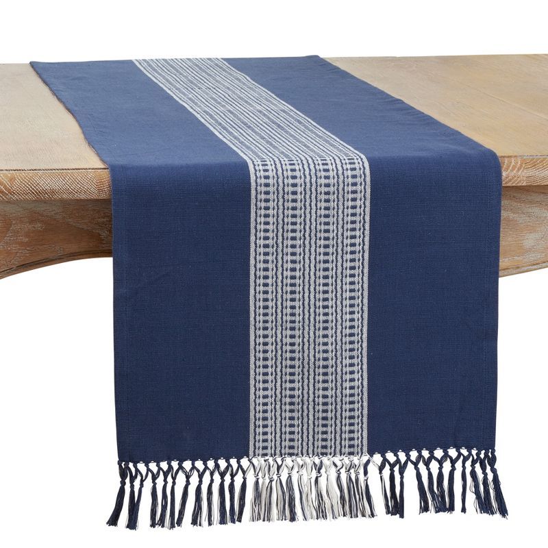 Navy Blue Cotton Stripe Design Table Runner with Fringed Edges