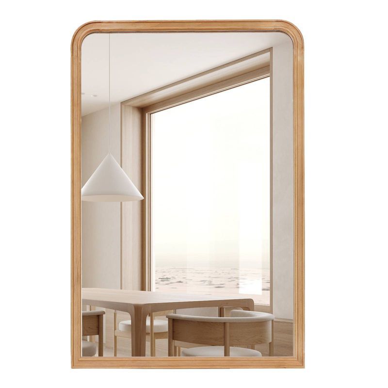 Natural Wood Rectangular Wall Mirror with Arched Top 24" x 36"