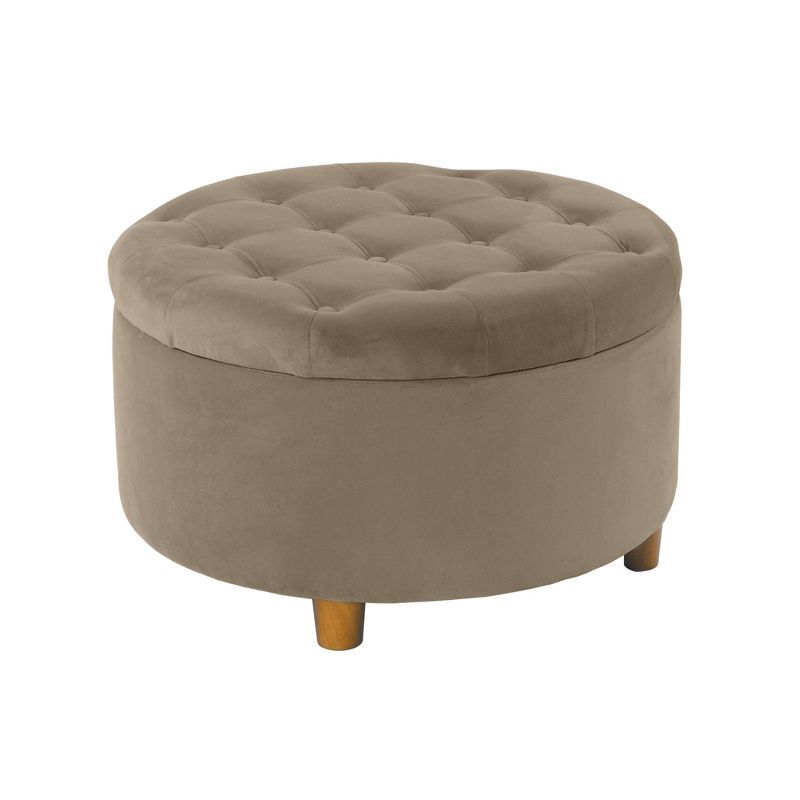 Fawn Velvet Tufted Round Storage Ottoman with Honey Oak Legs