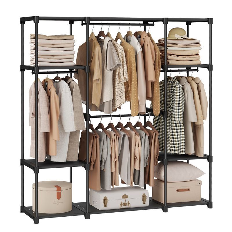 Black Steel Portable Closet Organizer with Shelves and Hanging Rods