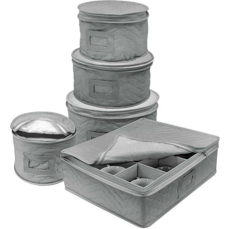 Gray Quilted 5-Piece Dinnerware Storage Set for 12