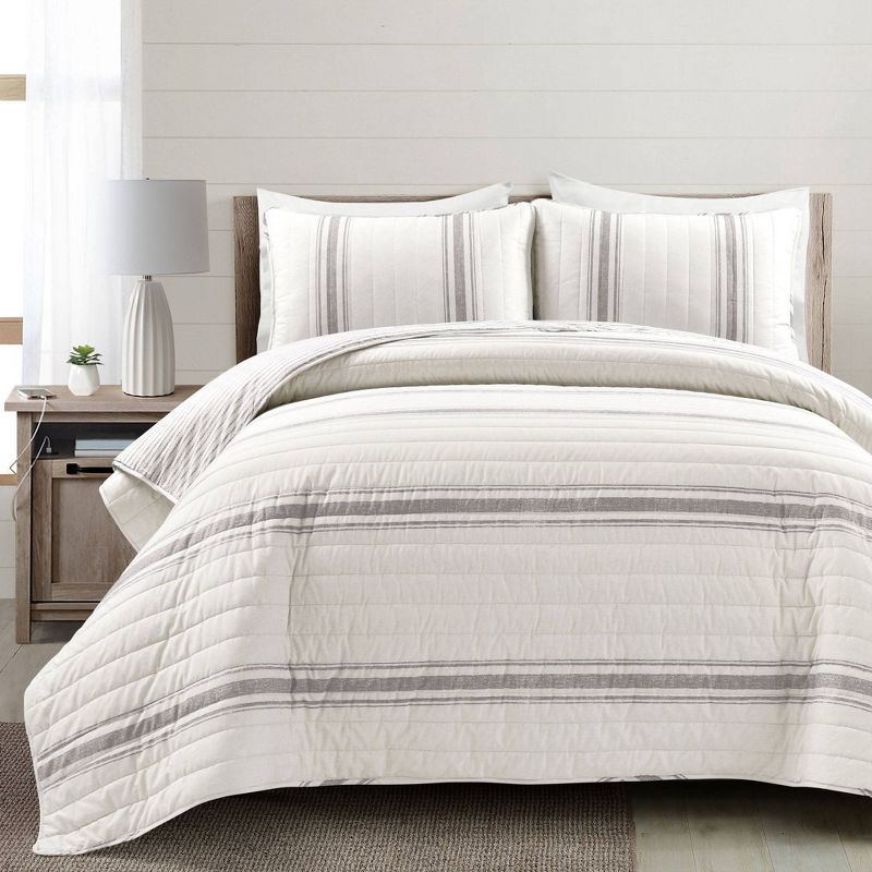 Gray Cotton King Reversible Farmhouse Quilt Set