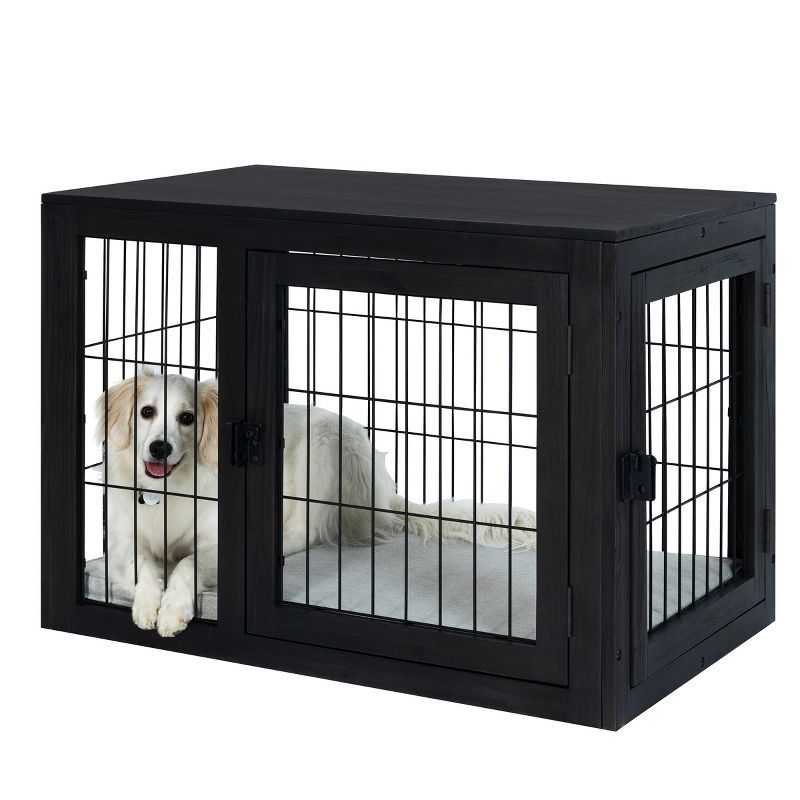 Medium Black Acacia Wood and Metal Dog Crate with Cushion