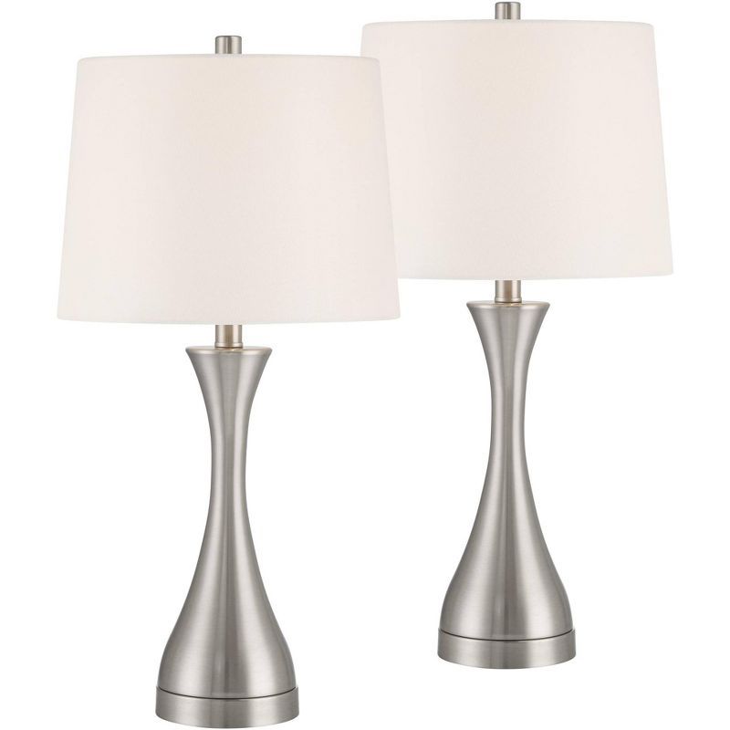 Brushed Nickel Modern Table Lamps Set with White Drum Shades