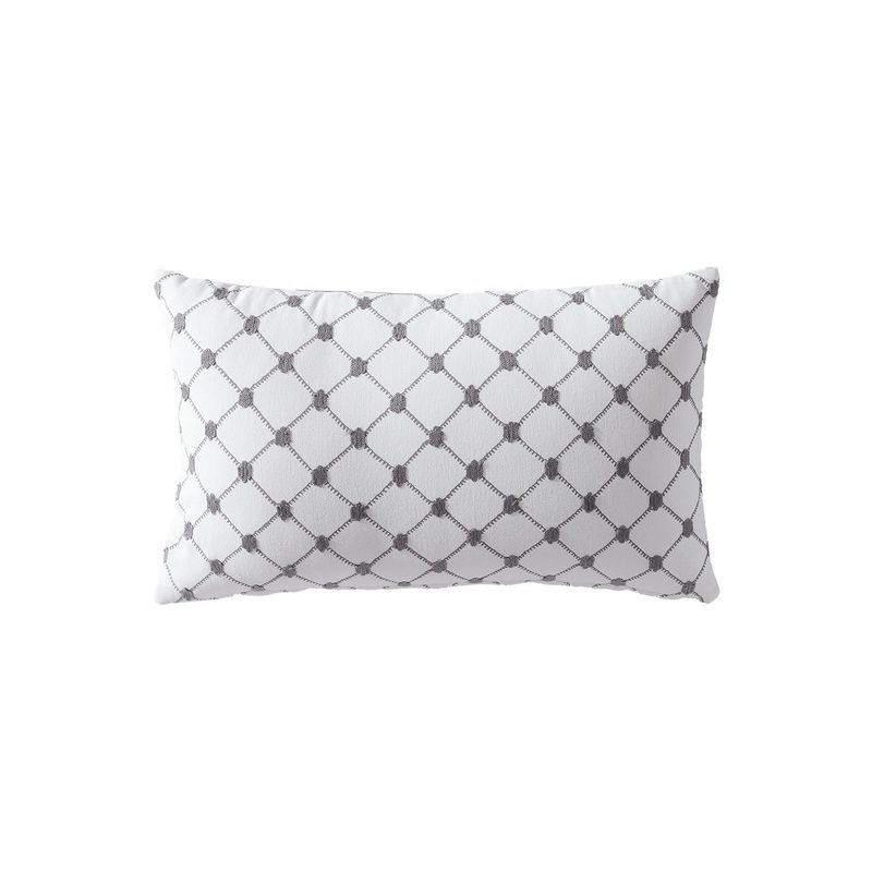 White and Gray Embroidered Cotton Throw Pillow 12x20