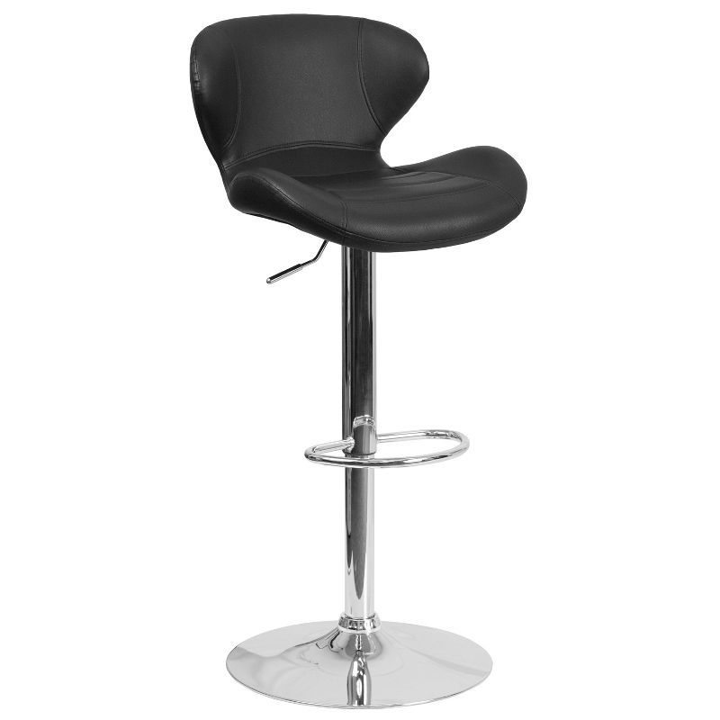 Sleek Curvaceous Black Vinyl Adjustable Swivel Barstool with Chrome Base