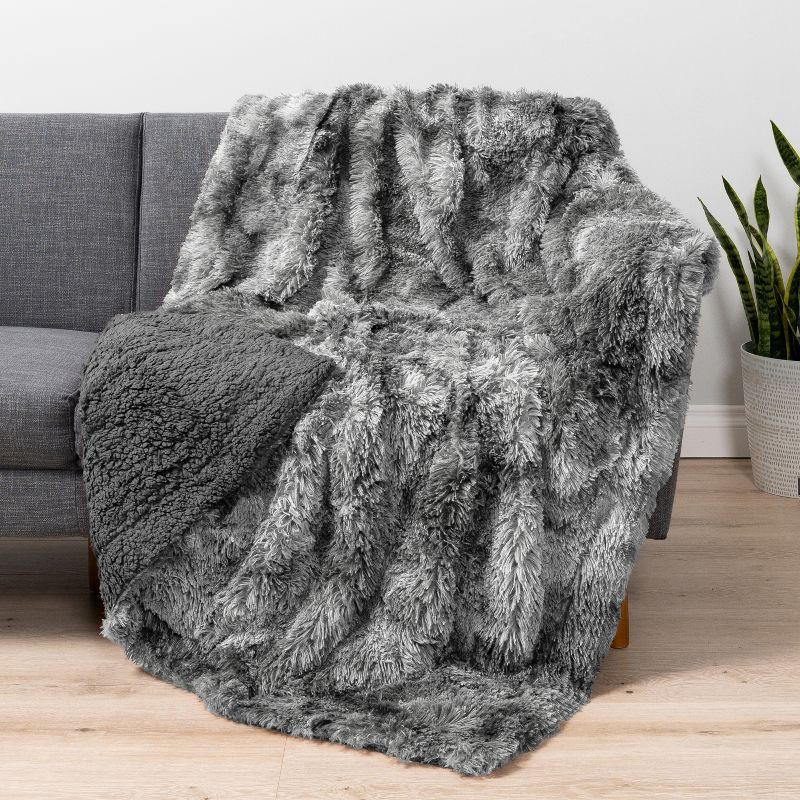 PAVILIA Fluffy Faux Fur Reversible Throw Blanket for Bed, Sofa, and Couch