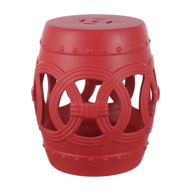 Matte Red 16" Ceramic Drum Garden Stool with Lucky Coin Symbols
