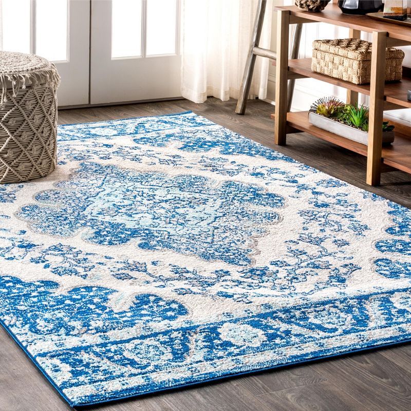 Reversible Cream/Blue Synthetic 4' x 6' Vintage Medallion Rug