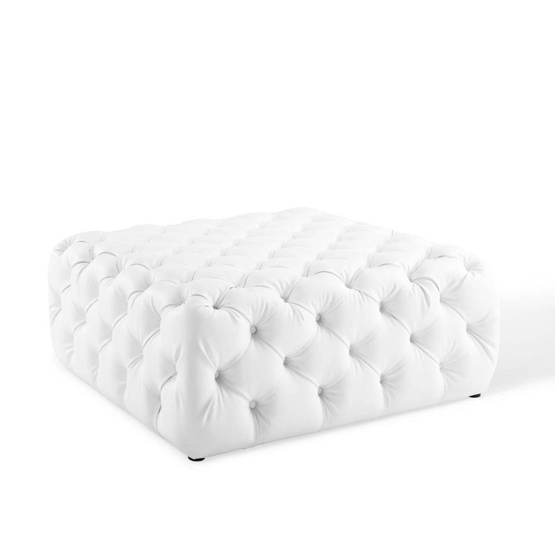 White Tufted Vegan Leather Large Square Ottoman