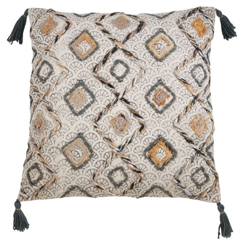 Clay Embroidered Geometric Diamond Pillow with Tassels, 22" Square