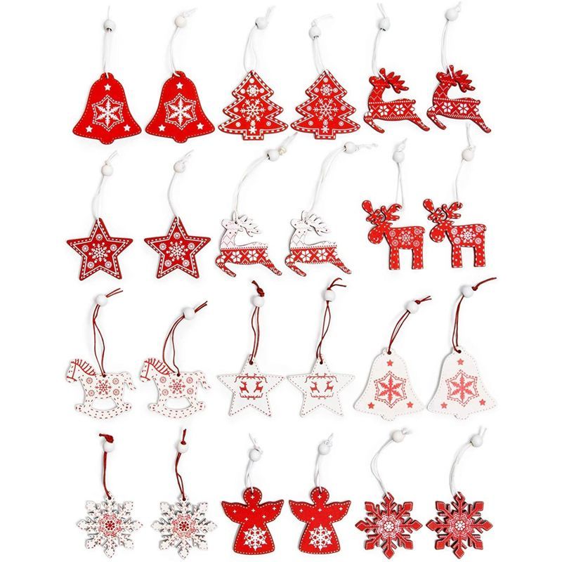 Set of 24 Red and White Wooden Christmas Ornaments