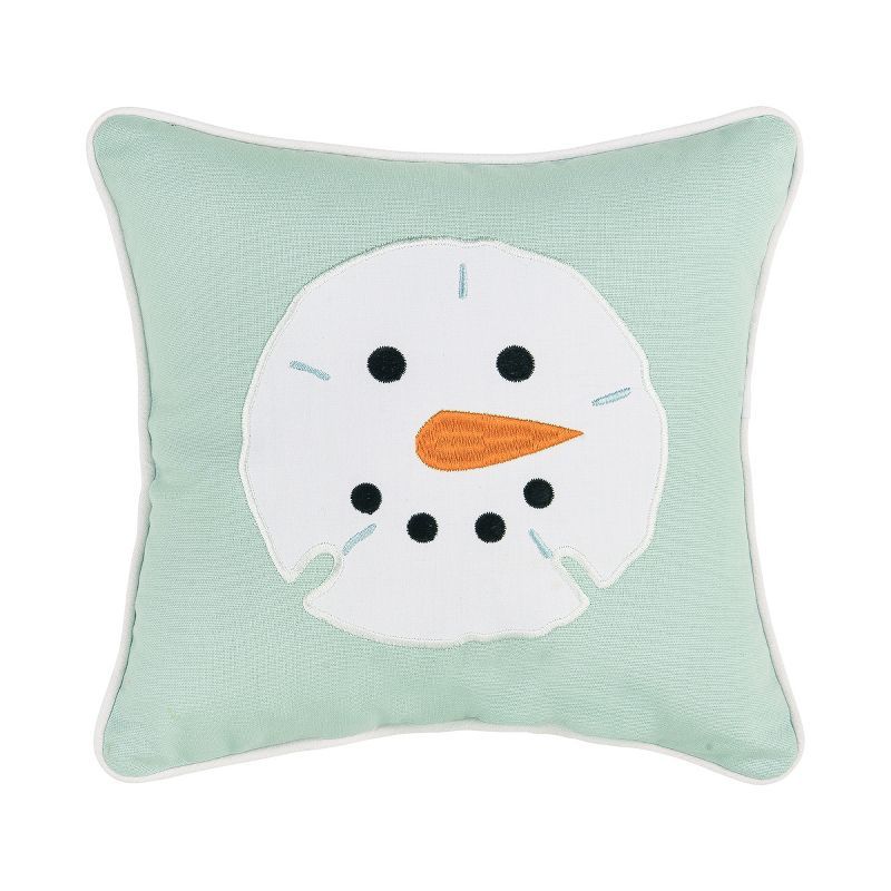 Seafoam Green Embroidered Snowman Sand Dollar Throw Pillow