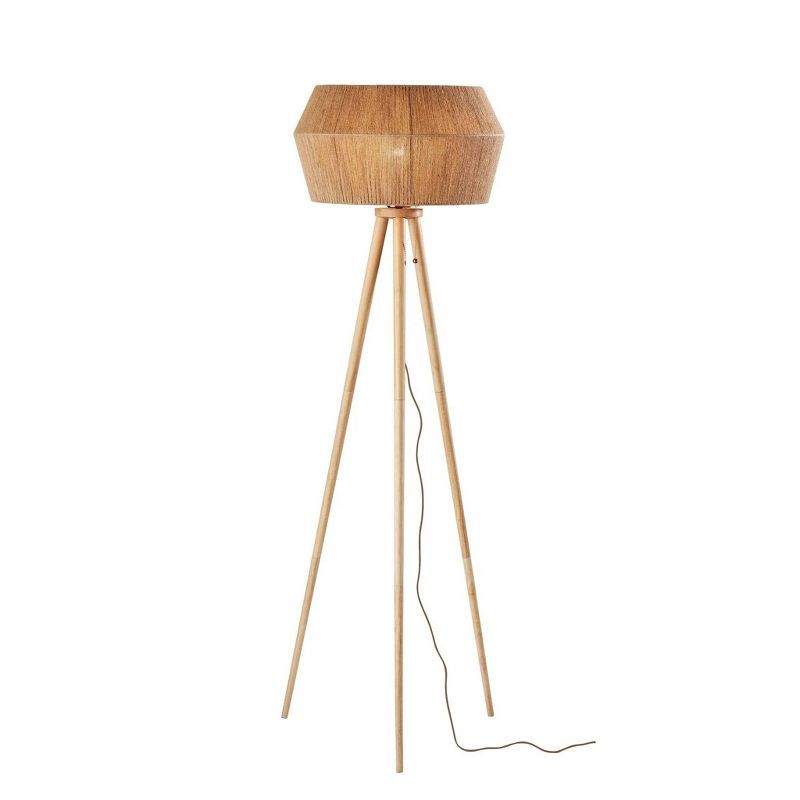 Natural Wood Tripod Floor Lamp with Geometric Shade