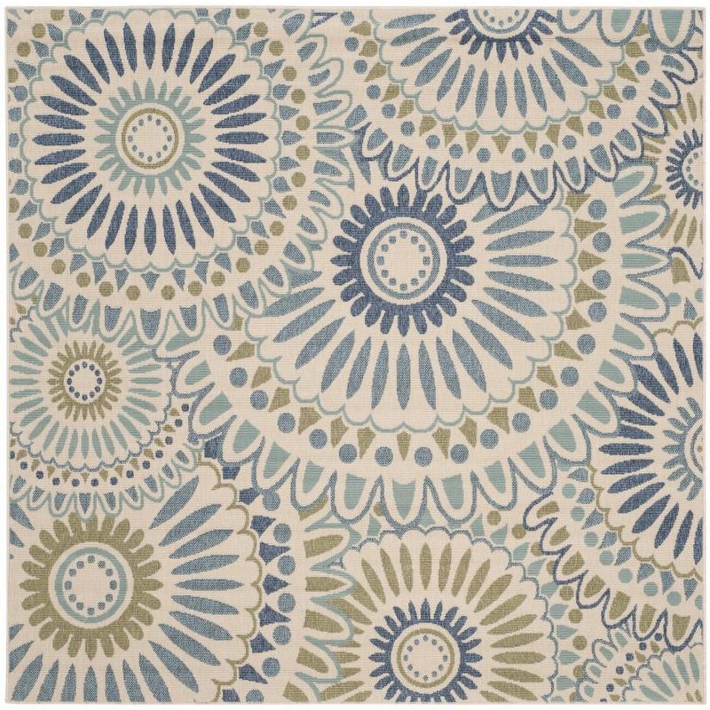 Reversible Floral Blue and Cream Easy-Care Square Area Rug