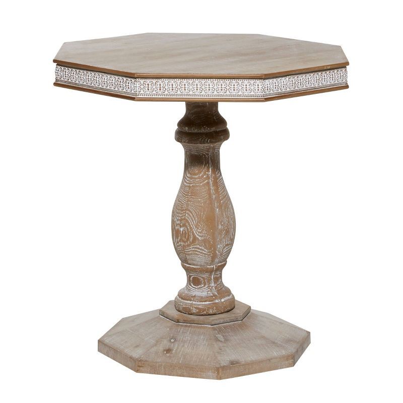 Hexagonal Brown Wood Carved Accent Table