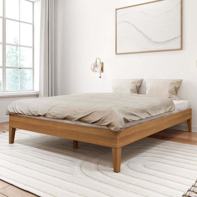 Pecan Queen Solid Wood Platform Bed Frame with Drawer