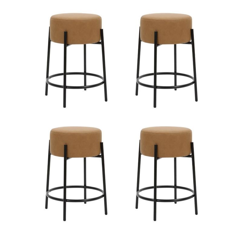 Isaac 24" Light Brown Faux Leather Backless Bar Stools with Black Metal Frame, Set of 4