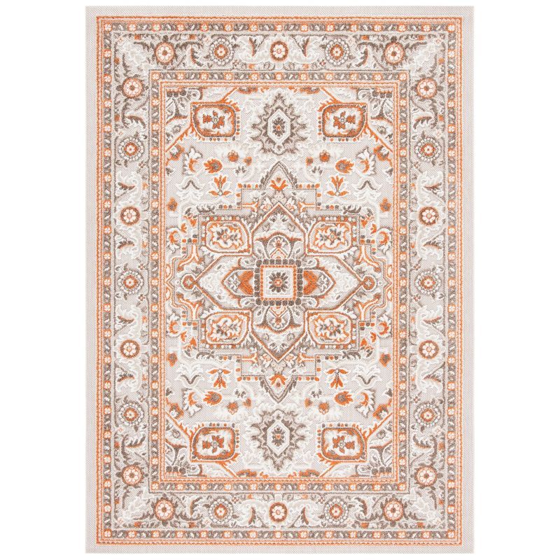 Beige and Orange Floral Synthetic Indoor/Outdoor Rug