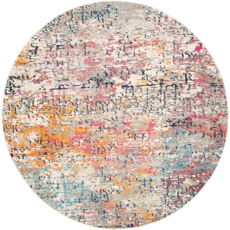 Grey and Pink Round Abstract Synthetic Area Rug