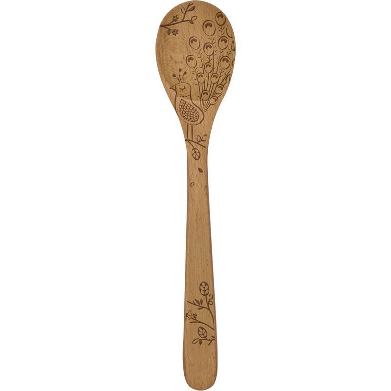 12" Beechwood Mixing Spoon with Peacock Design