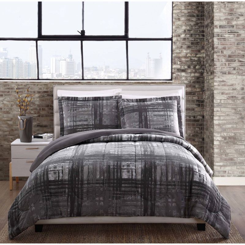 Full Gray Reversible Microfiber Plaid Comforter Set