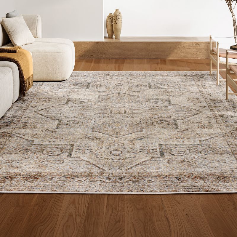 Cream and Brown Medallion Washable Synthetic Area Rug 5'3" x 7'7"